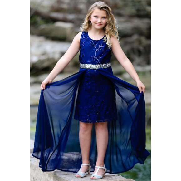 Hannah Banana Navy Chiffon Overlay Tween Maxi Dress NWT 14 16 - Picture 4 of 4
